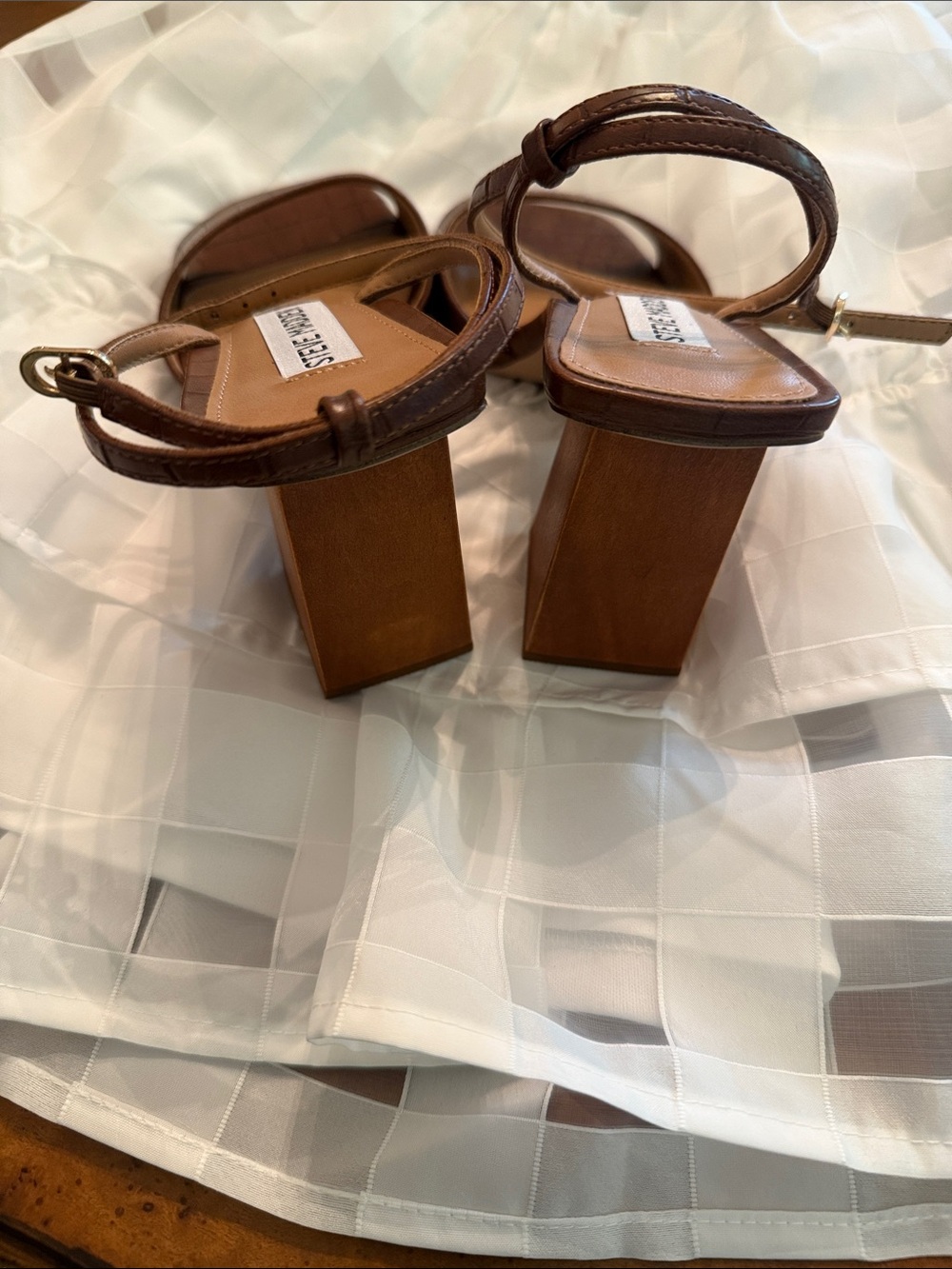 Steve Madden Brown Croc-Embossed Block Heel Sandals with Ankle Strap - Picture 3 of 5
